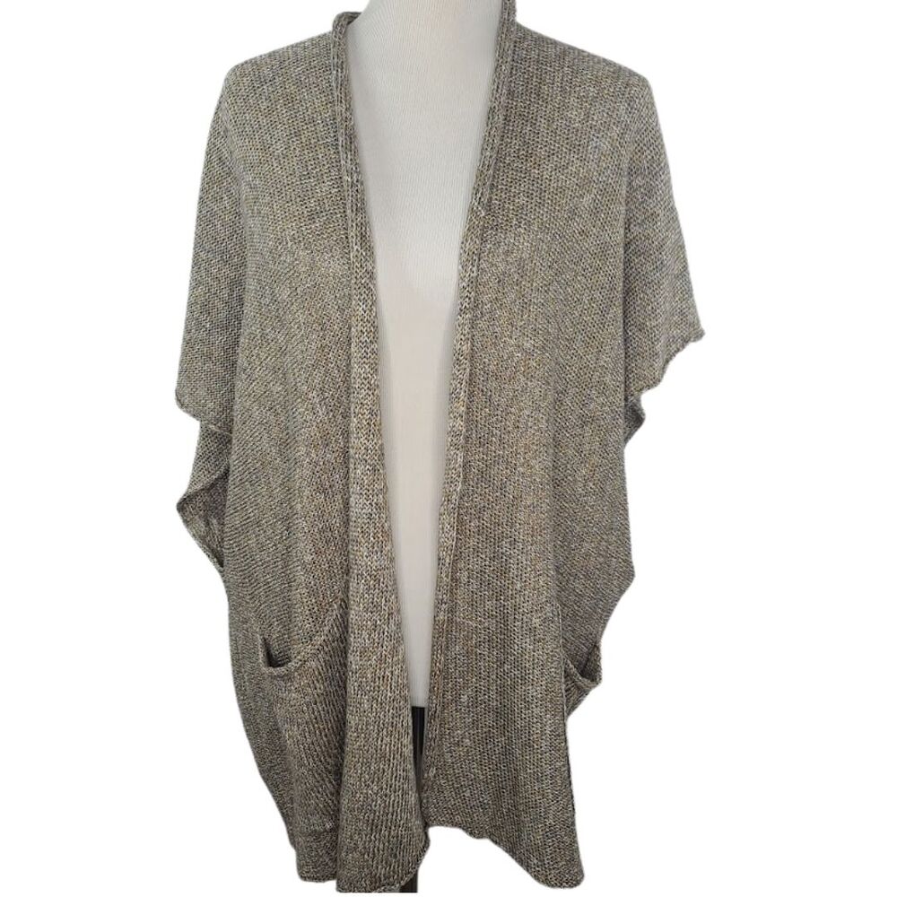 Eskandar Sweater Open Front Cardigan Sleeveless Tan Gray One Size 100% Linen
